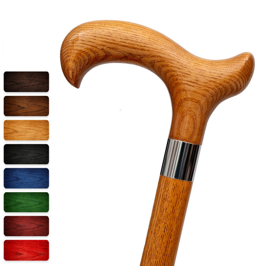 Wooden Walking Stick, Classic Series, Derby Handle and Stainless Steel Collar, Ash Wood