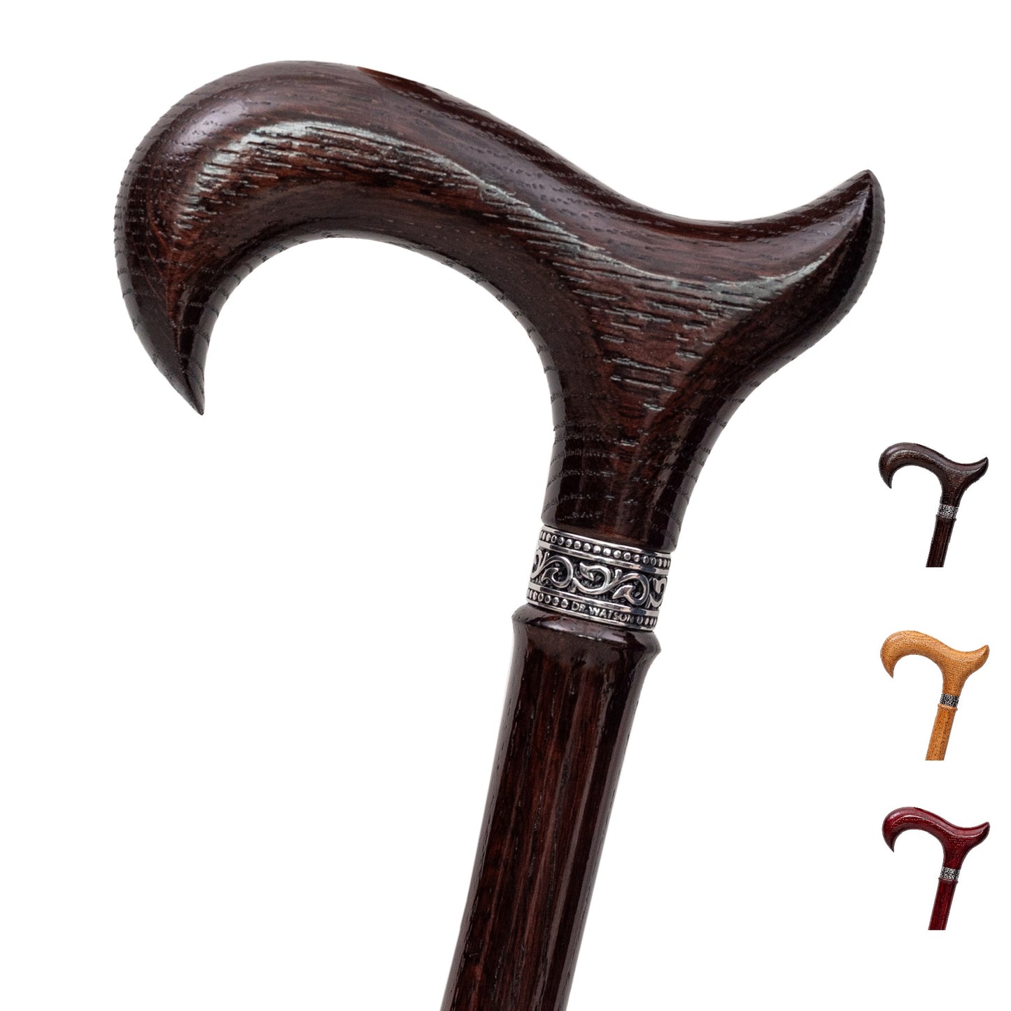 Wooden Walking Stick, Prestige Series, Derby Handle and Engraved Stainless Steel Collar, Oak Wood