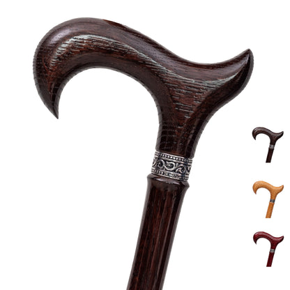 Wooden Walking Stick, Prestige Series, Derby Handle and Engraved Stainless Steel Collar, Oak Wood
