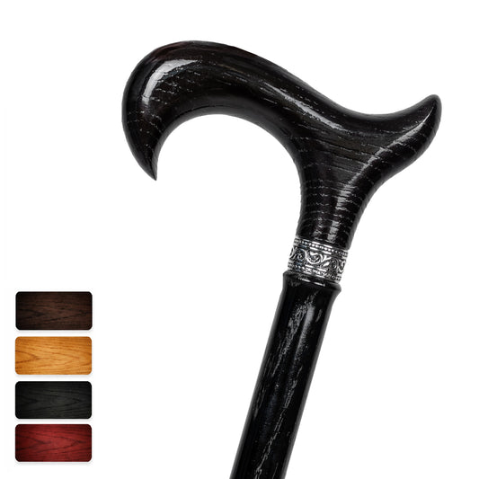Wooden Walking Stick, Prestige Series, Derby Handle and Engraved Stainless Steel Collar, Oak Wood