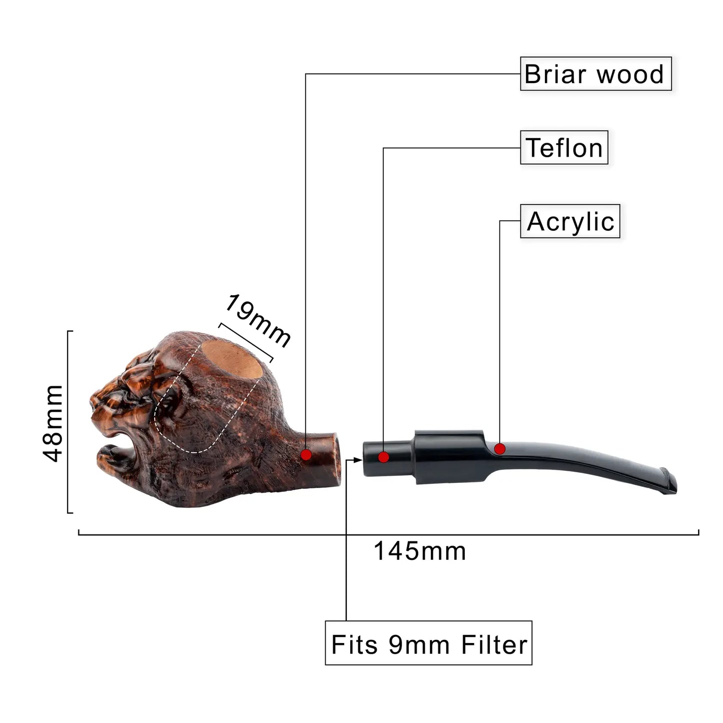 Tobacco Pipe, Collectable Series, Hand Carved from Briar Root (Lion)